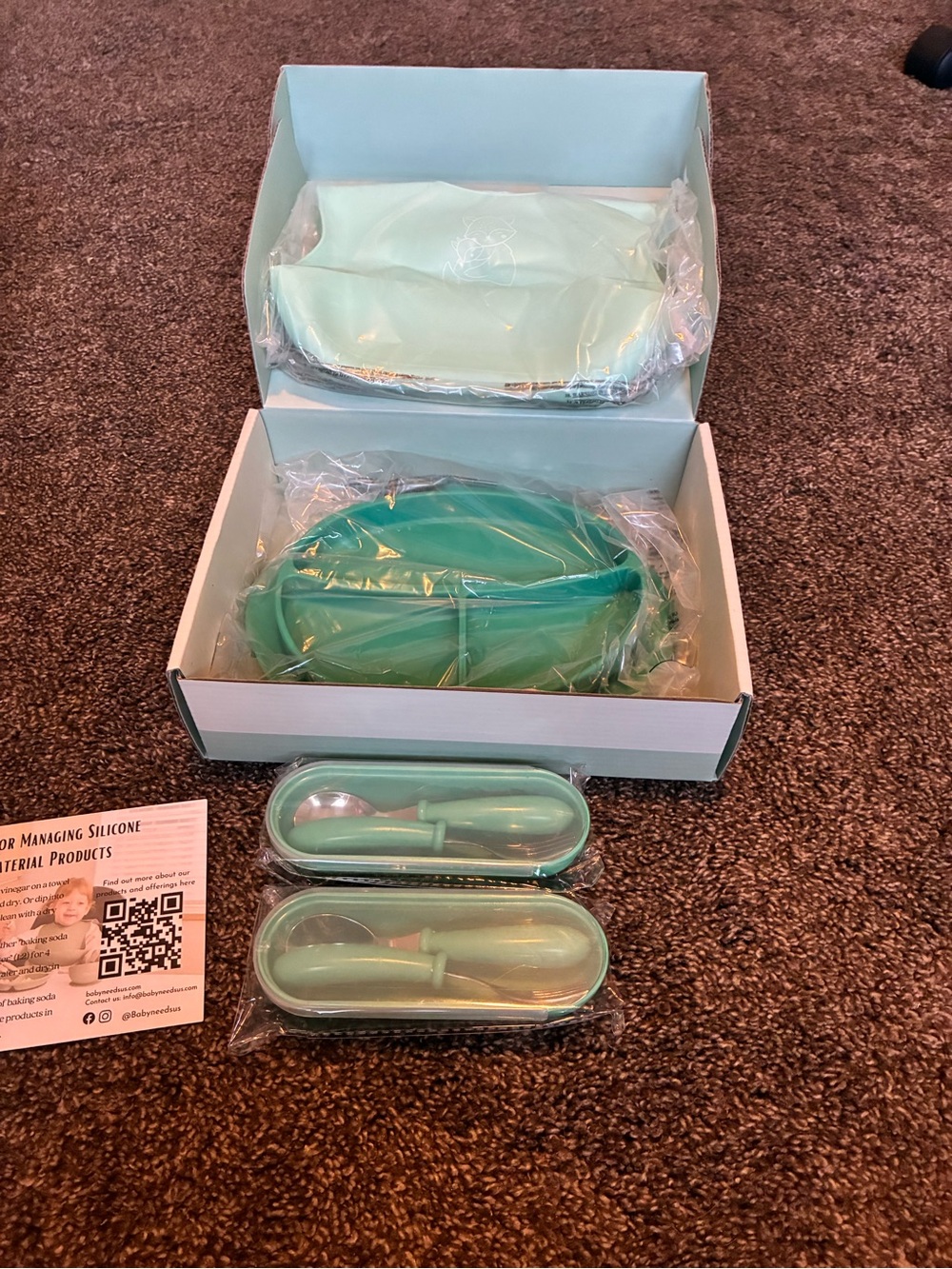 Mint Green Silicone Baby Feeding Set with Spoons and Travel Cases